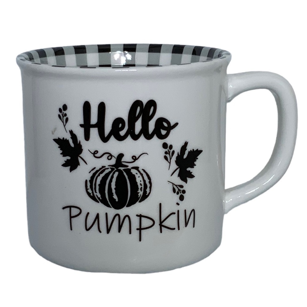 Mug Hello Pumpkin Phrase Gingham Check Buffalo Plaid Accented Ceramic  16 OZ - Picture 10 of 14
